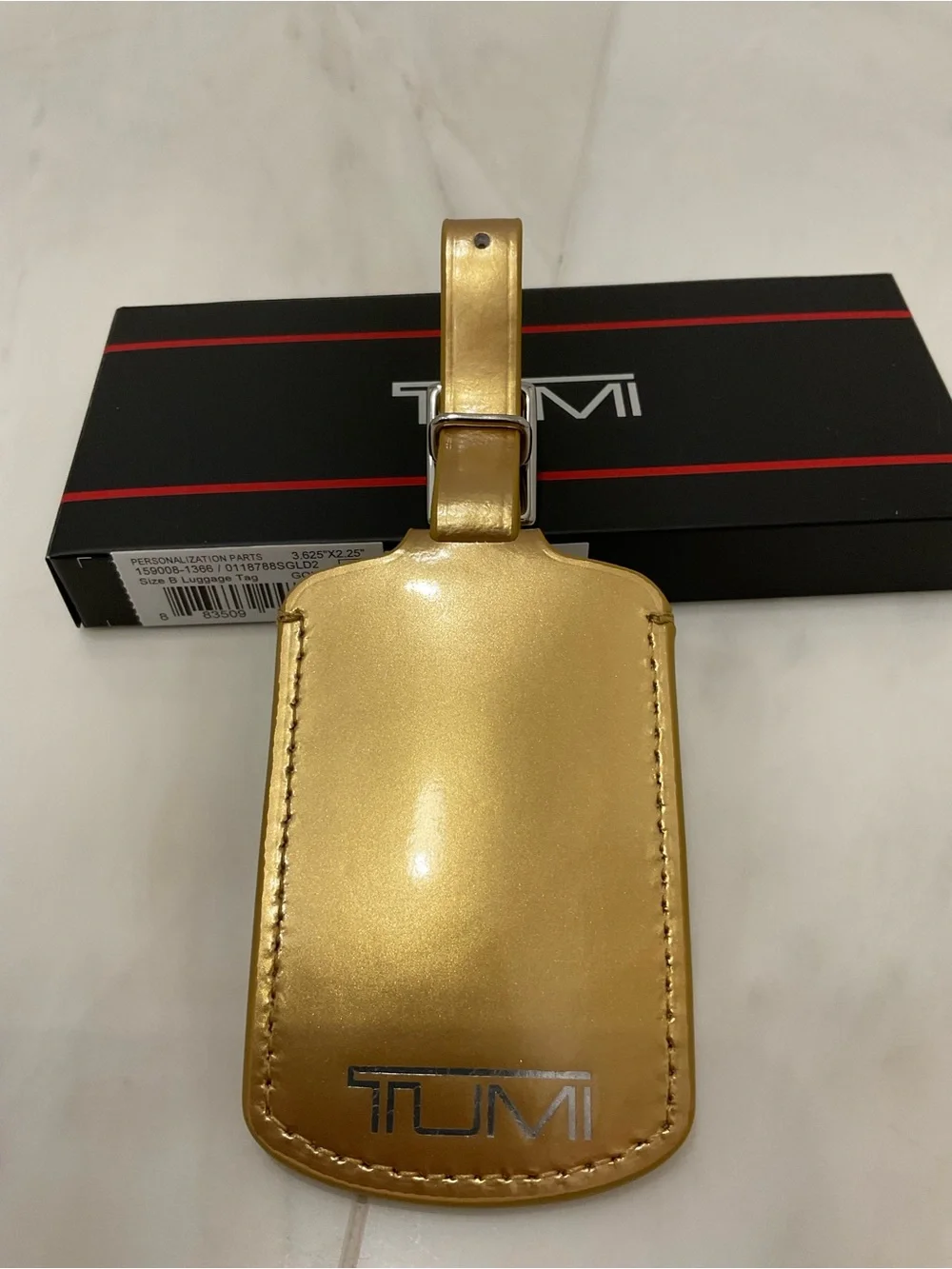 NEW Tumi 3.625” x 2.25” Leather Luggage Name Tag w/ Buckle - METALLIC GOLD